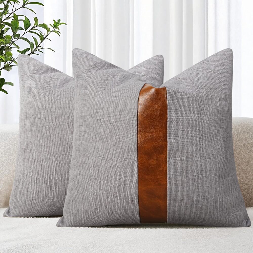 8596 18 by 18 inch Gray Linen Throw Pillow Covers with Brown Faux Leather